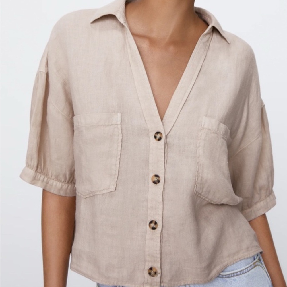Zara Tan‎ Puff Sleeve Notched Collar Top M